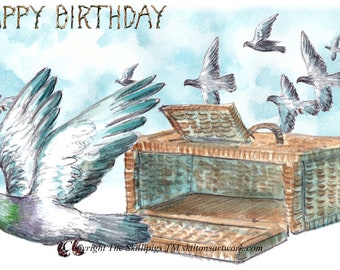 3269 pigeon HAPPY BIRTHDAY card racing or homing pigeon fancier or flying. basket and birds released into the sky. Can be personalised.