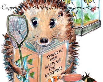 5480 Topical fish keeper greeting card hedgehog with aquarium birthday or any occasion Can be personalised UK postage options at checkout