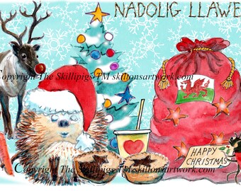 5503 Nadolig Llawen Cerdyn Nadolig  Welsh language Christmas card Hedgehog art Can be personalised UK postage options at checkout.