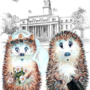 Marylebone Town Hall London Glückwunschkarte mit unserem Igel-Hochzeitspaar. Kann mit ihren Namen personalisiert werden. Nr. 105 LONDON