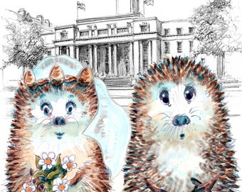 Marylebone Town Hall London Congratulations card with our hedgehog wedding couple. Can be personalised with their names. No. 105 LONDON