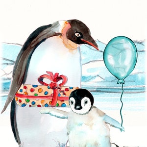 3104 Baby Pinguin Geburtstagskarte Happy Birthday. mit Ballon im Schnee und Eis kann dieser mit jedem Namen und auch jeder Zahl personalisiert werden