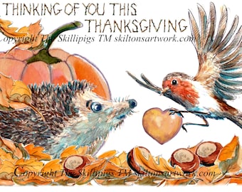 5476 Thanksgiving card THINKING of YOU, sympathy or away or sick  hedgehog card Can be personalised UK postal options at checkout