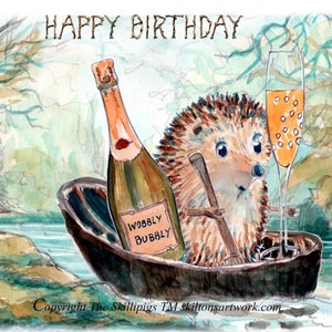 3659 alles Gute zum Geburtstag Karte Korakel. Igel in diesem walisischen Korakelfest vielleicht mit Proseccoflasche und Glas. Kann personalisiert werden.