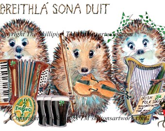 5431 Irish Gaelic language Hedgehog Birthday Card Folk Music, Can be personalised UK postage options at checkout