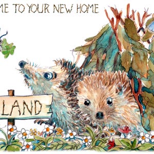 Carte irlandaise pour nouvelle maison 4486 Bienvenue dans votre nouvelle maison en Irlande Hérissons et abri avec trèfle Peut être personnalisé et n'importe quel nom de lieu