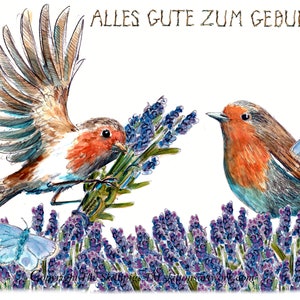 3676 Deutsch ALLES GUTE ZUM GEBURTSTAG Deutsche Sprach Karte. Deutsche Sprachkarte Rotkehlchenpaar mit Lavendelblüten. Kann personalisiert werden.