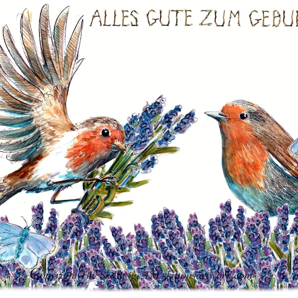 HAPPY BIRTHDAY German language card. Deutsche Sprachkarte robin pair with lavender flowers. Can be personalised personalisiert No.3676