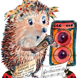 Tarjeta de cumpleaños de karaoke 4524. Erizo cantante de feliz cumpleaños con micrófono y lista de canciones. Personalizable.