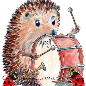 1333 drummer verjaardagskaart egel met een grote basdrum muziekinstrument, fanfare of fanfare. trompettist kan worden gepersonaliseerd.