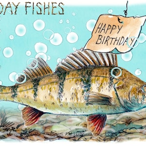 2414 Cartão de FELIZ ANIVERSÁRIO, desejos de 'Peixes de Aniversário', entendeu? Peixe perca. Um pescador ou um menino pescador rio grosso lago Pode ser personalizado