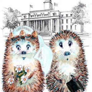 Tarjeta del ayuntamiento de Marylebone Lugar de celebración de bodas en Londres con nuestra pareja de novios afuera después de la ceremonia de matrimonio. Se puede personalizar. No.1 MARYLEBONE