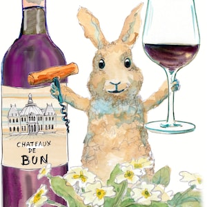 3578 vino biglietto di auguri HAPPY BIRTHDAY, coniglietto primaverile con bottiglia di rosso, bicchiere e cavatappi. Primule. Può essere personalizzato