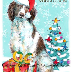 4196 Tarjeta de felicitación navideña con diseño de Springer Spaniel. Perro de caza de color hígado y blanco con regalo. Se puede personalizar.