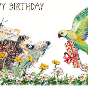 Happy Birthday  a green Parakeet and hedgehog. This can be personalised.
