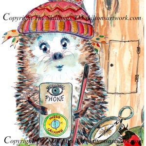 May include: A birthday card illustration of a hedgehog wearing a hat, holding a phone, and a compass. The card has the text "HAPPY BIRTHDAY" at the top. A ladybug is also present in the image.