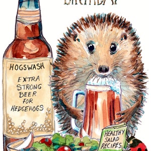 3424 HAPPY BIRTHDAY Karte, Bier, Schweine waschen, und gesunder Salat, Salat und Tomate etc. und Rezepte mit einem Igel. Kann personalisiert werden