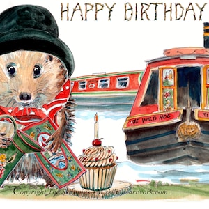1591 Kanalboot Geburtstagskarte alles Gute zum Geburtstag. Mit schmalem Boot, Kanalbootmann, Igel mit etwas Kanalkunst. Dieser kann personalisiert werden.