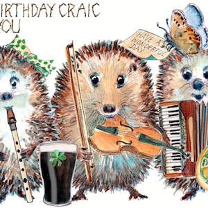 3821 Cartão de FELIZ ANIVERSÁRIO irlandês Um pouco de festa de aniversário para você. Grupo folclórico de ouriço irlandês com apito de lata Pode ser personalizado