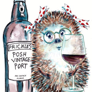 3462 HAPPY BIRTHDAY carte à boire de Porto, femelle hérisson avec une bouteille de Porto vintage et un verre. Cela peut être personnalisé