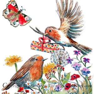 4510 Cartão de aniversário em alemão Tudo bom para o aniversário, dois tordos e um presente. Pássaros e flores de jardim. Pode ser personalizado.