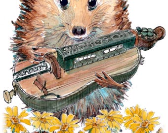 5481 HURDY-GURDY or Hurdy Gurdy player birthday card  hedgehog folk Can be personalised A 6 by 4 inch card UK postage options at checkout
