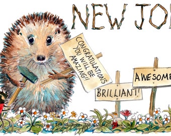 NEW JOB card greeting card showing a male hedgehog putting up signs saying congratulations etc. A Skillipig card No. 249