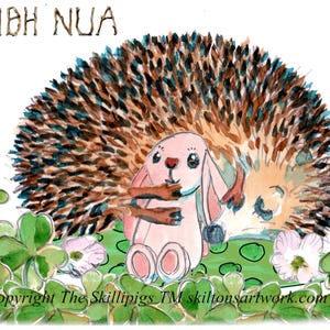 4598 Nuovo biglietto d'auguri per bambina e bambino in lingua irlandese con un piccolo riccio e un trifoglio. Può essere personalizzato o con un messaggio diverso.