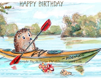 4421 Kayak birthday card with a whimsical hedgehog kayaking Can be personalised. Sent 2nd class post or choose 1st class at checkout
