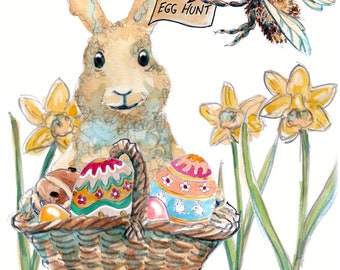 HAPPY EASTER card. Bunny rabbit with a basket of eggs spring primroses daffodils egg hunt sign with bumble bee Can be personalised. No.3625