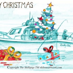 3397 Feliz Natal, cartão de pesca marítima com um barco de pesca com uma árvore de Natal e presentes. Pode ser personalizado com qualquer nome.