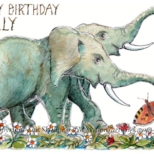3817 Biglietto di auguri HAPPY BIRTHDAY con elefante. Coppia di elefanti africani credo con zanne e una farfalla. Può essere personalizzato.