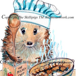 May include: A watercolour illustration of a hedgehog chef with a wooden spoon, wearing a chef's hat, and next to a pot of food labelled "Hot Pot." The image includes text that reads "Happy Birthday From Lancashire" and "The Prickly Chef."