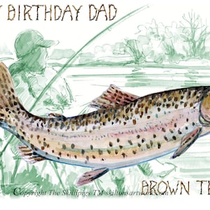 2514 Tarjeta de pesca de trucha FELIZ CUMPLEAÑOS Papá. Pescador pescador pescando truchas marrones en un río o lago. Puede tener un nombre en su lugar.