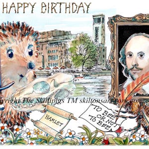 Tarjeta de cumpleaños de la obra de Shakespeare HAMLET 4276. Con calavera, ser o no ser y teatro Stratford. Se puede personalizar.