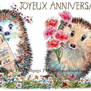 4071 Joyeux anniversaire en français Carte de joyeux anniversaire vin, fleurs, hérissons bien sûr Peut être personnalisée. dimension 10,5 x 14,8 cm