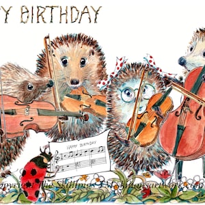 3929 String quartet Birthday card. Happy birthday classical music violins viola and cello. Hedgehogs of course. Can be personalised