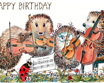 3929 String quartet Birthday card. Happy birthday classical music violins viola and cello. Hedgehogs of course. Can be personalised