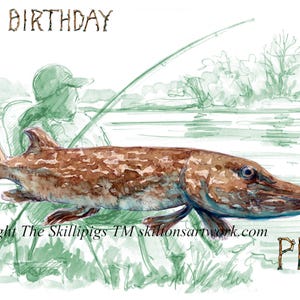 4095 Tarjeta de cumpleaños de Pike Tarjeta de feliz cumpleaños Pescador de lucio o pescador de caña en un río o lago junto a la caña, línea y paz Se puede personalizar