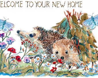 NEW HOME card Welcome to your new home. Hedgehog pair outside their cosy new house flowers and butterflies. Can be personalised. No.3553