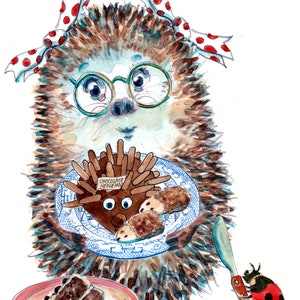 3148 bakken HAPPY BIRTHDAY-kaart Onze Cook Baking chocolate finger-egeltaart en koekjes en een bord met wilgenpatroon. Kan worden gepersonaliseerd.