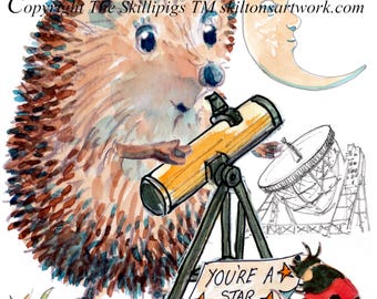 5474 Astronomer BIRTHDAY card moon, night sky whimsical hedgehog with telescope moon star and Jodrell bank Can be personalised.
