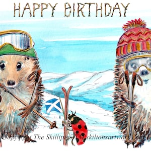 Carte de JOYEUX ANNIVERSAIRE de ski 3641, skieurs de ski de hérisson Ecosse Highlands enneigé Cairngorms Aberdeenshire Banffshire Peut être personnalisé