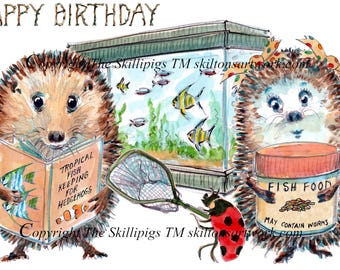 5479 Topical fish birthday card hedgehog pair with aquarium Can be personalised UK postage options at checkout