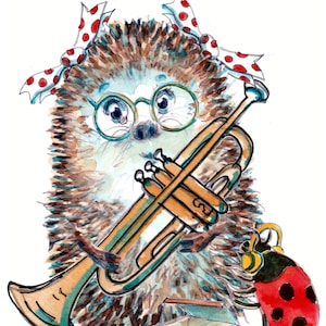 3080 trompeta Feliz cumpleaños Trompetista musical erizo hembra. Un instrumento de viento en orquesta o banda. Se puede personalizar.
