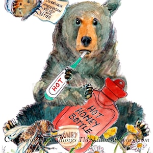 4202 Cartão de melhoras do urso Urso marrom doente ou maltratado com bolsa de água quente (mel) e termômetro. Pode ser personalizado.
