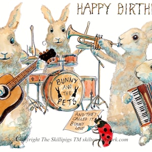 2659 Groupe pop HAPPY BIRTHDAY rabbit band, groupe musical, Bunny love and the Pets trompette guitare accordéon. Peut être personnalisé pour n'importe quel nom