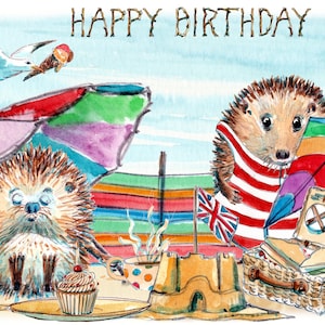 4228 Strand Geburtstagskarte Meer Meer und Sand mit Igel Geburtstagspicknick. Windschutzschirm,Sandburg und Torte Personalisierbar