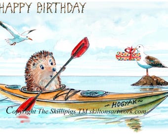 4414 Kayak Birthday card Happy Birthday with our water sports  hedgehog paddling Can be personalised. UK Postage options at checkout