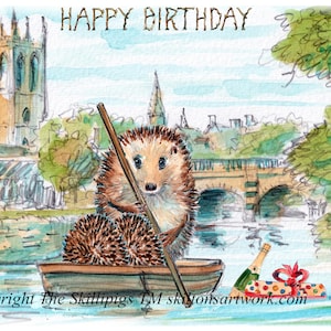 Oxford punting Happy birthday-kaart. Boothuis van Cherwell aan de rivier en de brug. champagne en cadeau. Kan worden gepersonaliseerd. Nr. 3 OXFORD